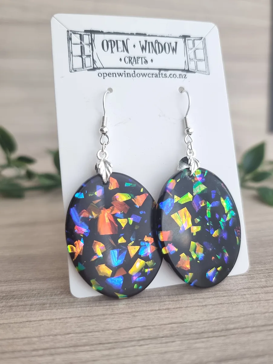 Glitter Galaxy Oval Dangle Resin Earrings Handmade Jewellery Nz