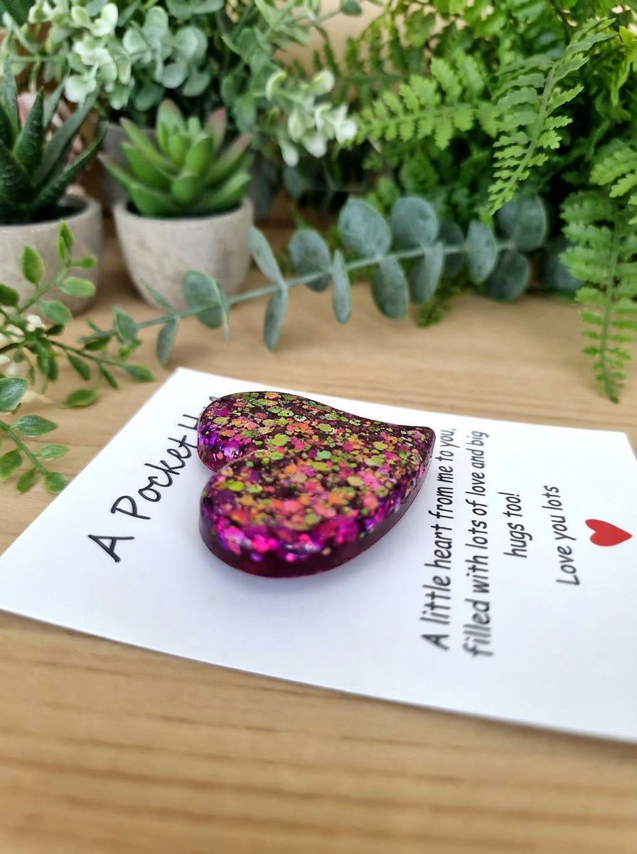 Tiny Purple Glitter Heart Resin Pocket Hug – encouraging resin pocket hug