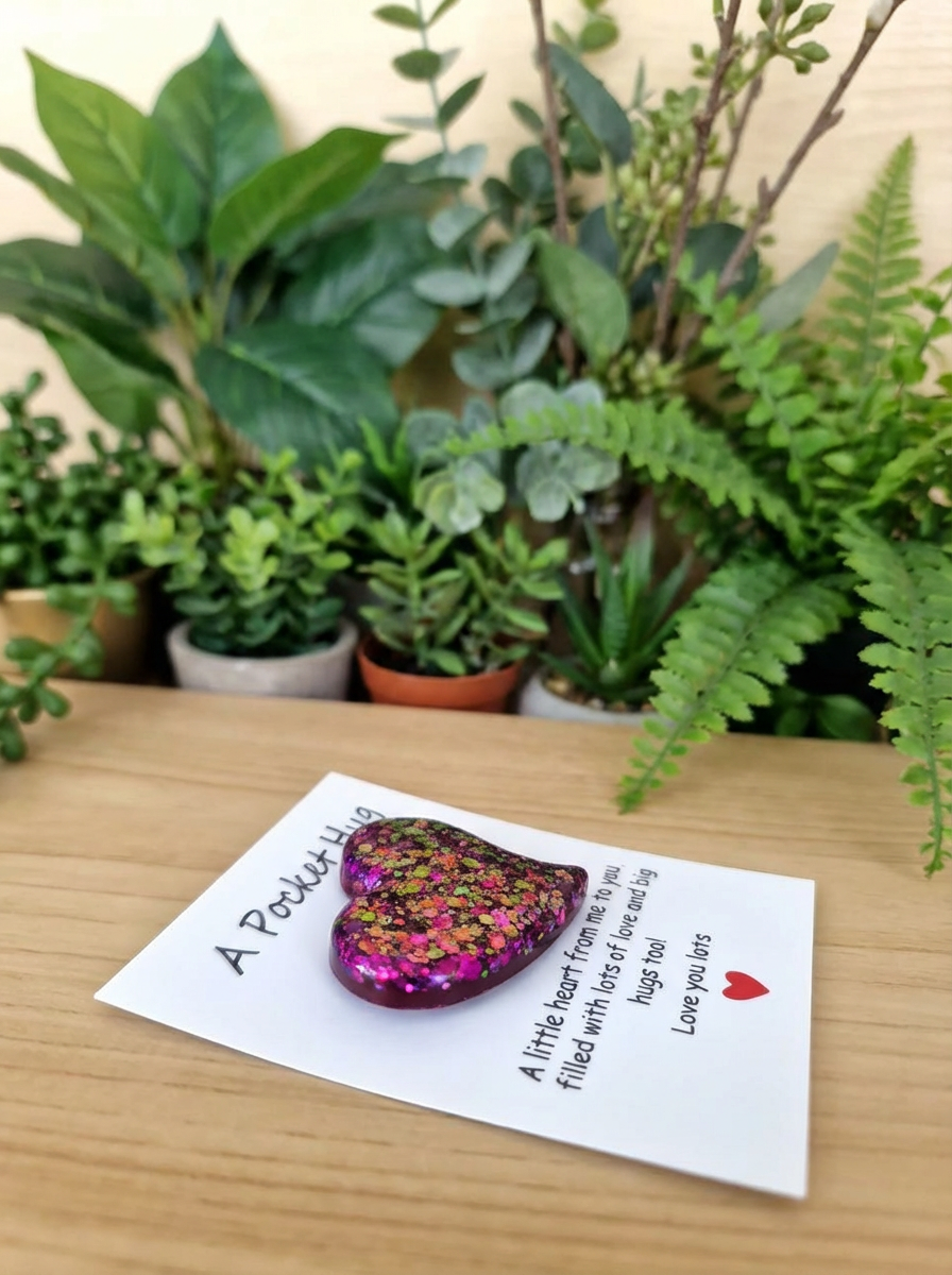 Tiny Purple Glitter Heart Resin Pocket Hug – encouraging resin pocket hug